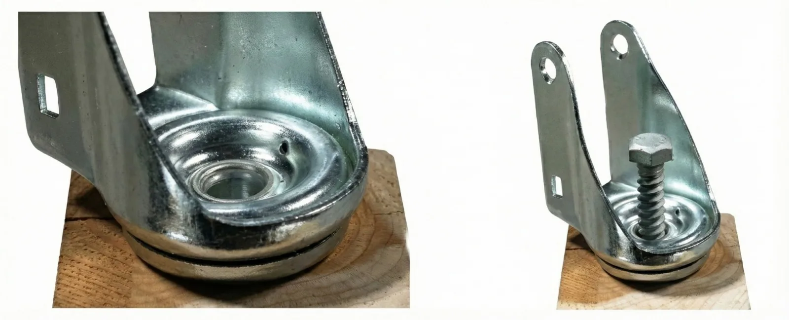 Metal swivel caster on wooden base with spring and bolt, ideal for industrial equipment and furniture mobility solutions.