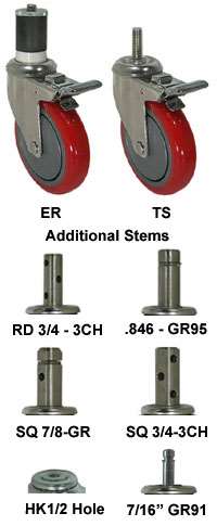 4" Red Polyurethane - Stainless Steel Stem Caster Total Lock Brake 3A