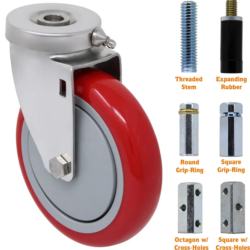 Red caster wheel with six stem options: threaded, expanding rubber, round grip-ring, square grip-ring, octagon, square.