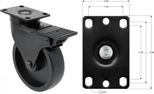 5″ Black Polyolefin Wheel – Black Finish - Total Lock Plate Caster K3A