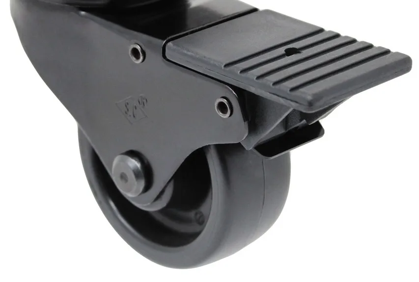 Black caster wheel with a brake pedal for mobility and stability in industrial and office furniture applications.