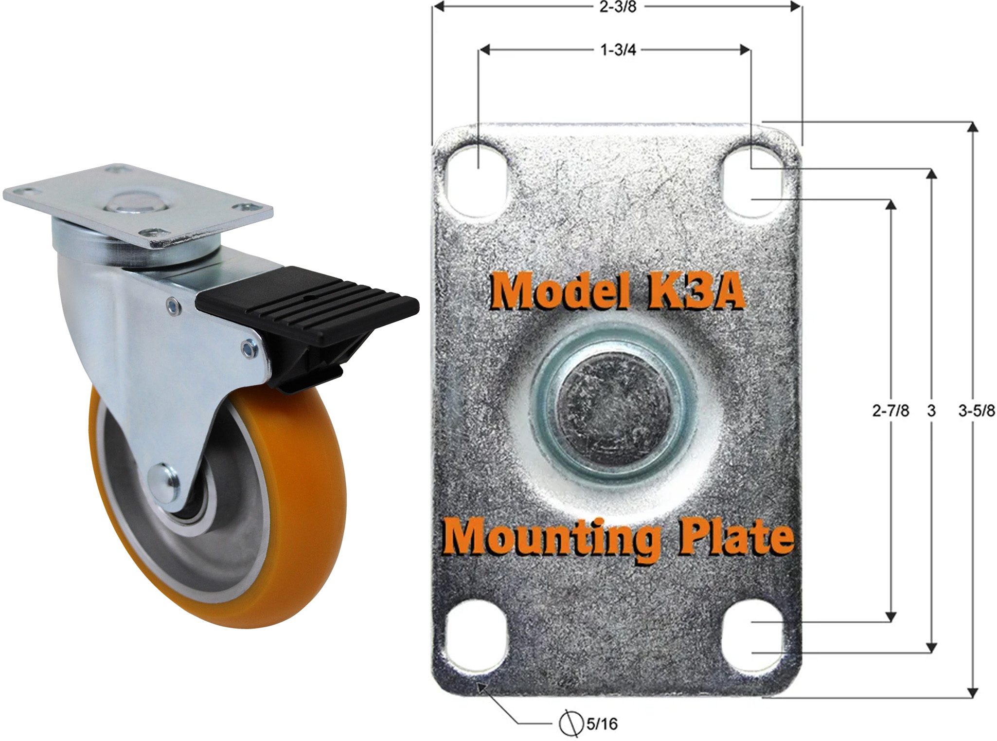 5″ Ultra Premium Orange Polyurethane w/ Crown Tread - Total Lock Plate Caster K3A