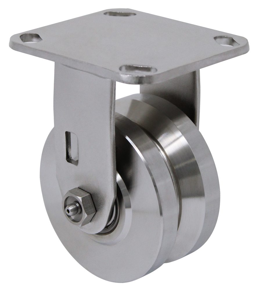 4" x 2" Solid Stainless Steel V-Groove Wheel - Stainless Steel Rigid Caster Model 9