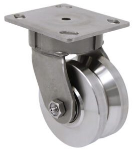 6″ x 2″ Solid Stainless Steel V-Groove Wheel – Kingpinless – Stainless Steel Plate G15