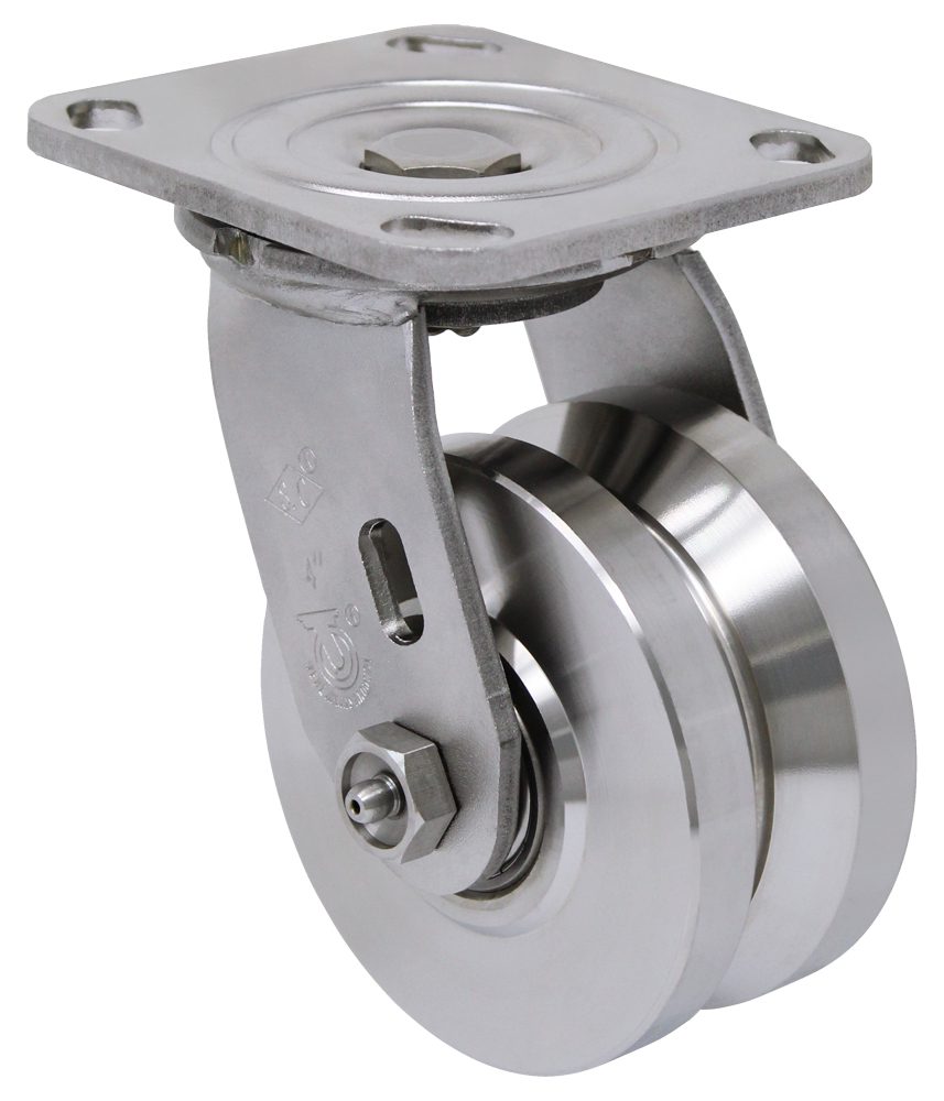 4" x 2" Solid Stainless Steel V-Groove Wheel - Stainless Steel Plate Caster Model 9