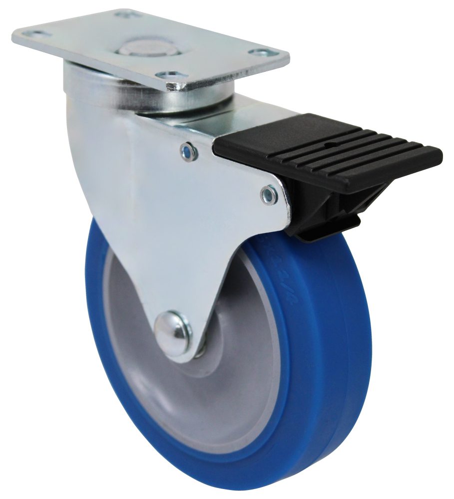 4" High Capacity Soft Blue Rubber - Total Lock Plate Caster K3A