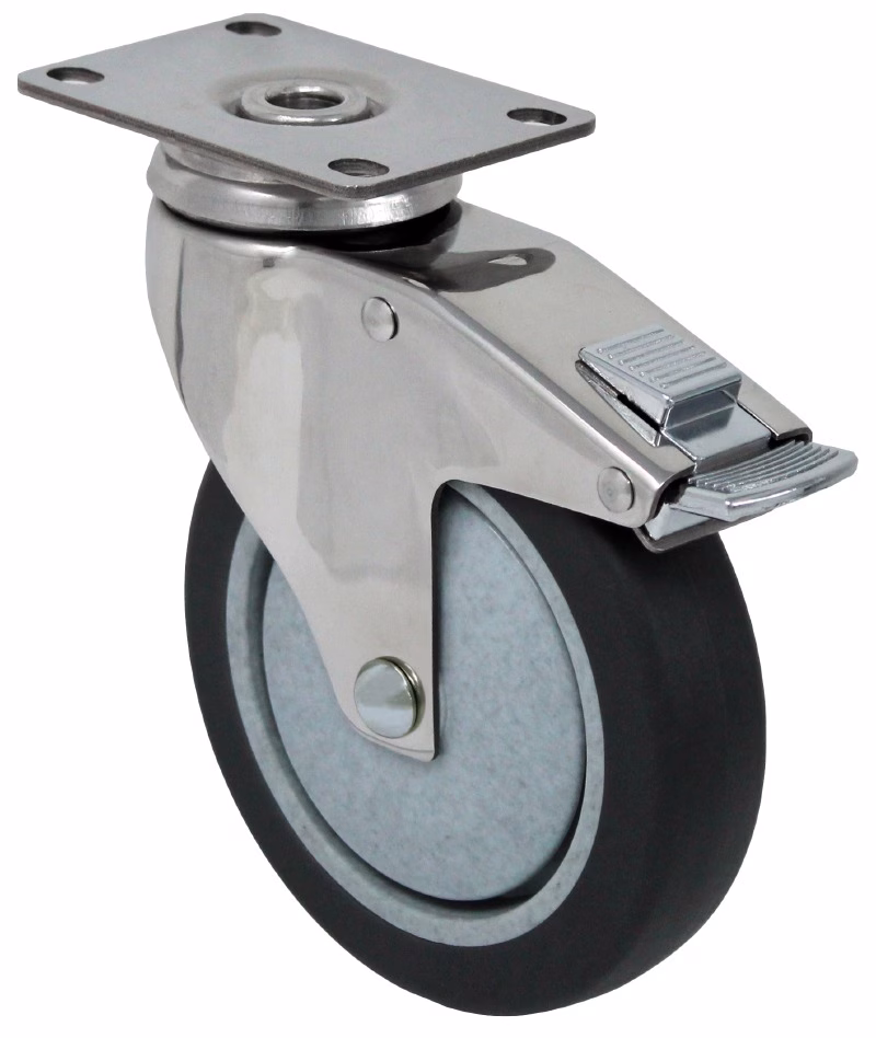 5" x 1.25" Gray Soft Rubber Wheel - Stainless Steel Medical Caster K3AMD - Total Lock