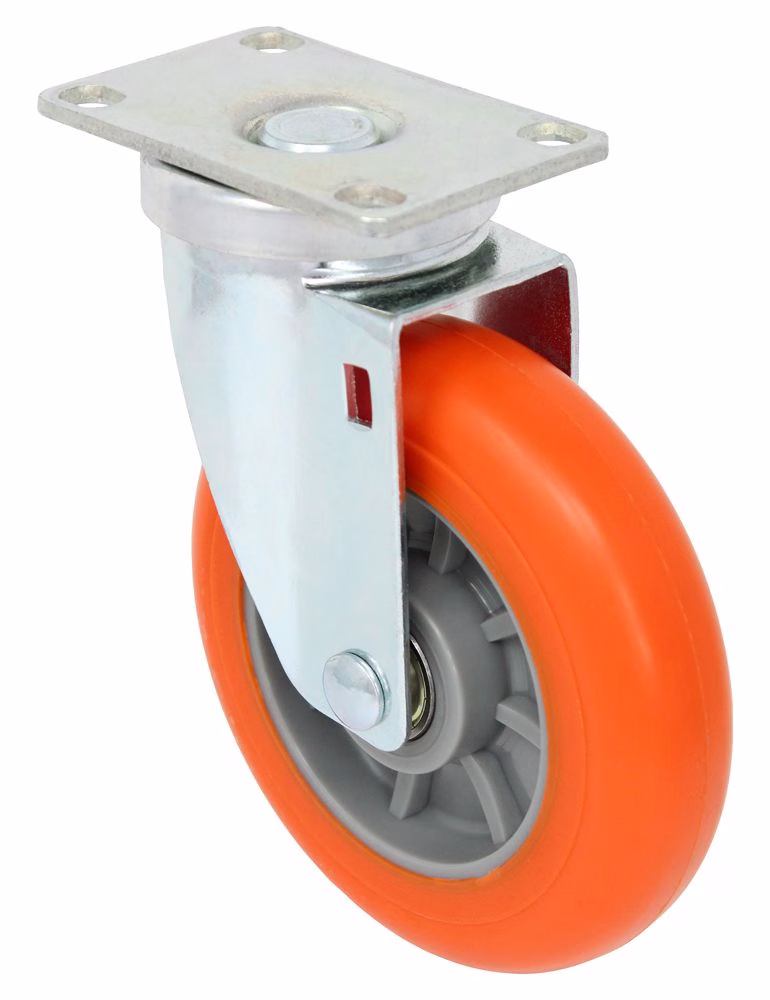 5" x 1.25" Ergonomic Orange Polyurethane on Polyolefin Wheel - Plate Swivel Caster K3