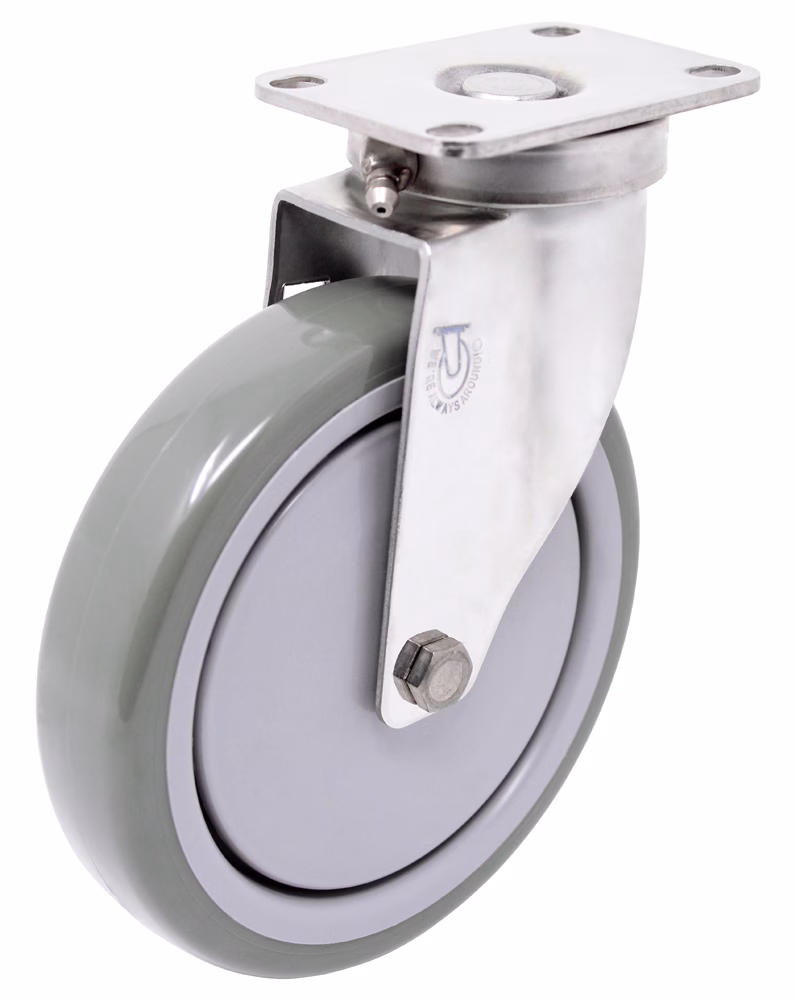 6" x 1.25" Gray Soft Rubber Wheel - Stainless Steel Caster 3