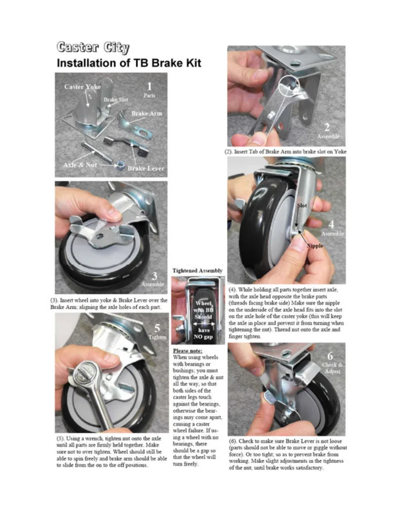 Guide for installing Caster City's TB Brake Kit with detailed visual instructions and step-by-step assembly process.