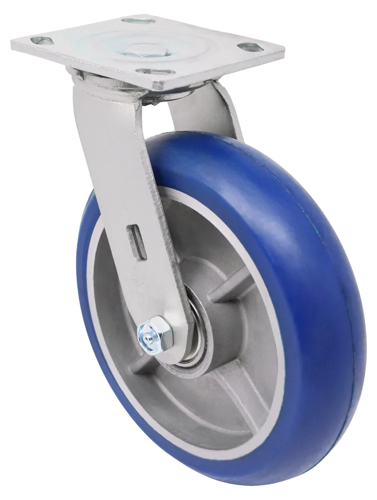 Swivel caster wheel with blue rubber tire and metal bracket, suitable for furniture or industrial equipment.