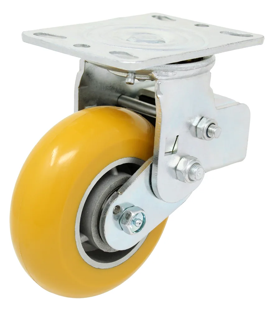 Yellow swivel caster wheel with metal mounting plate for furniture and equipment mobility.
