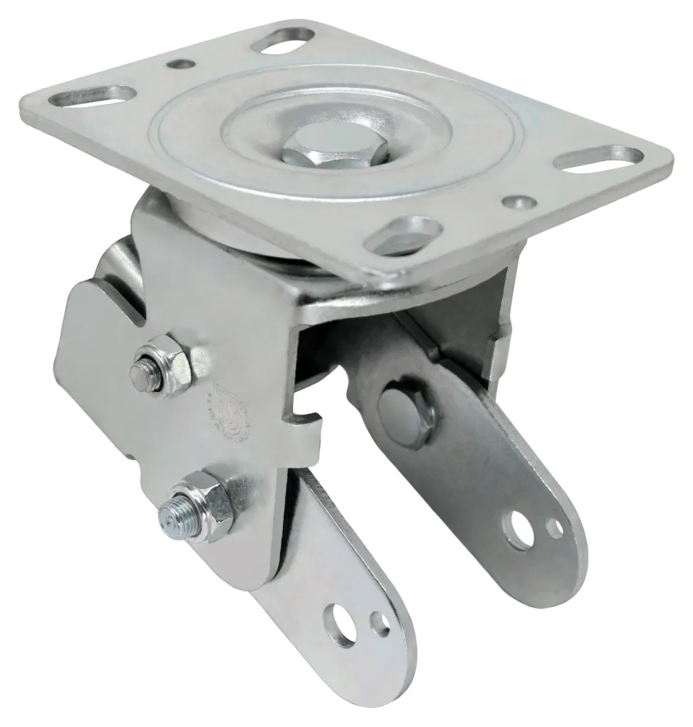 Heavy-duty metal swivel bracket with bolts for industrial applications.