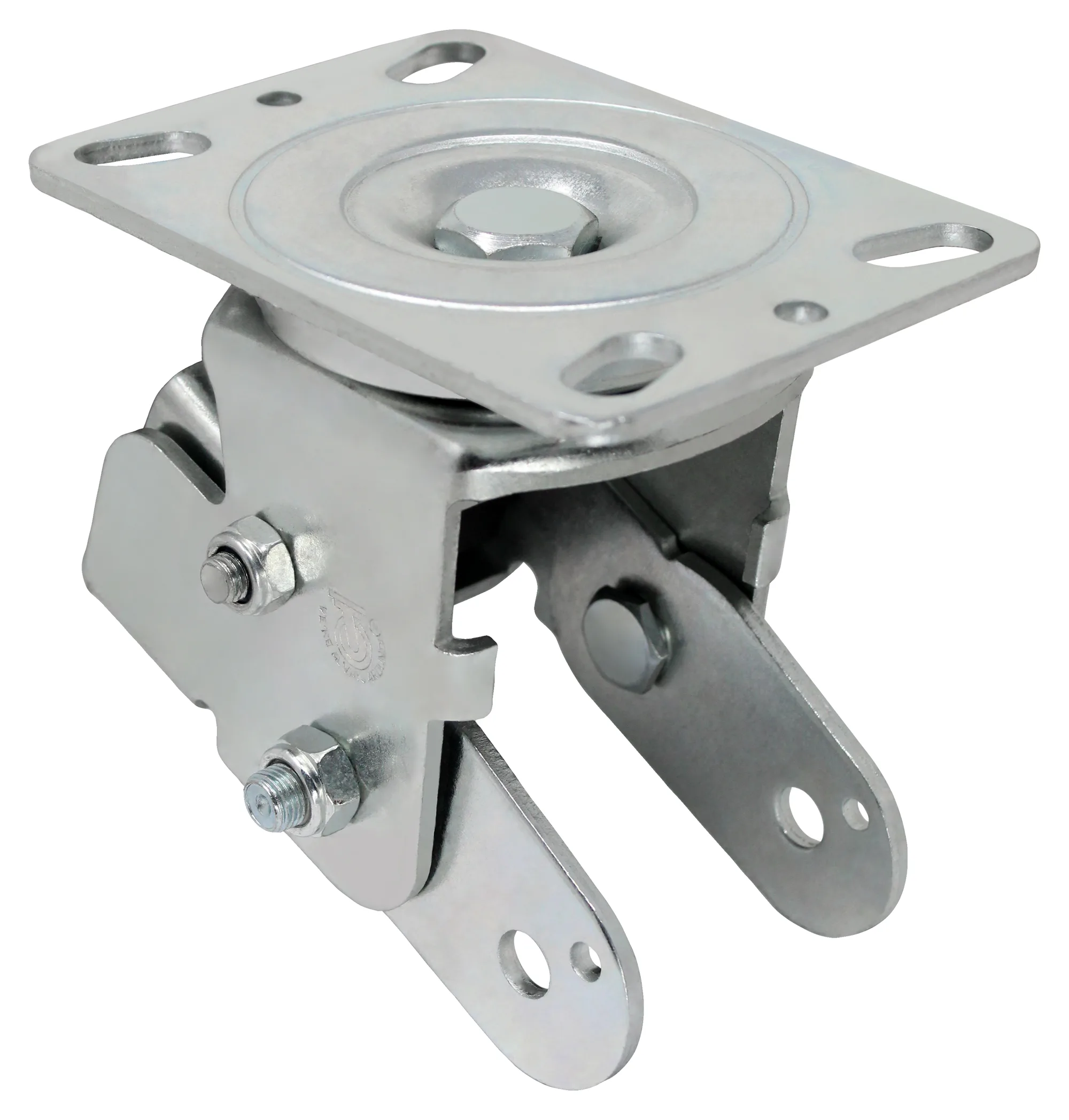 Heavy-duty metal swivel bracket with bolts for industrial applications.