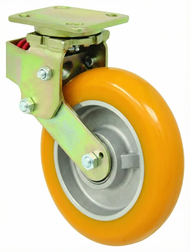 Heavy-duty swivel caster wheel with yellow polyurethane tire for industrial equipment.