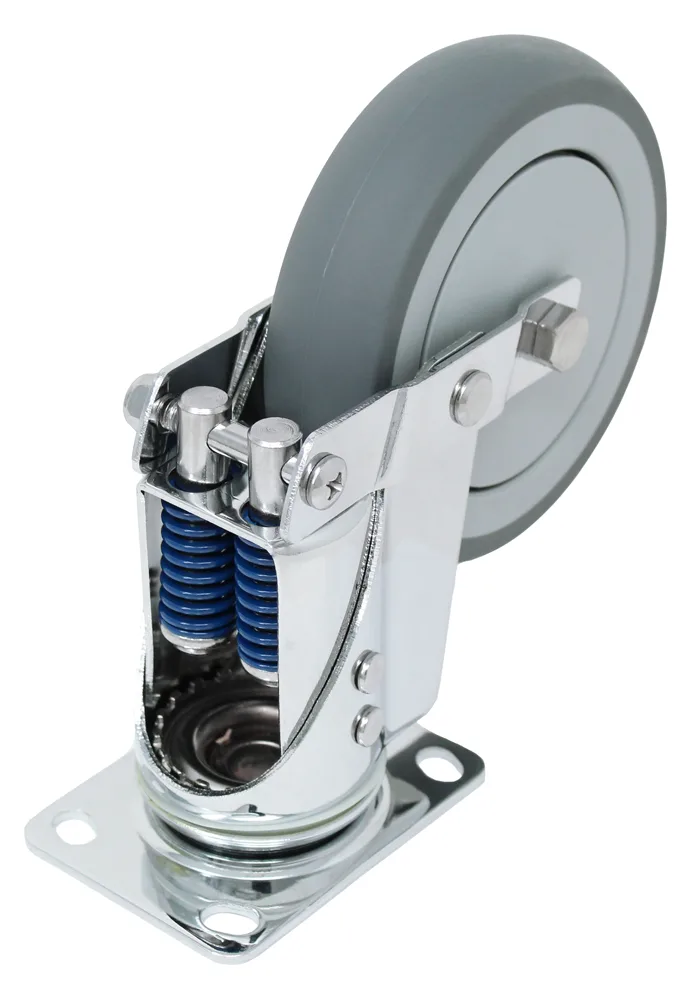 Shock-absorbing swivel caster wheel with blue springs and gray tire for industrial equipment.