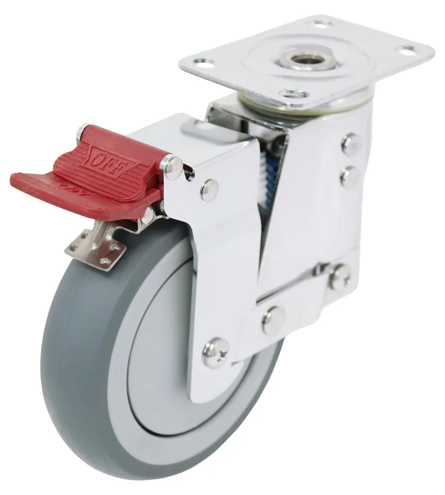 Heavy-duty caster wheel with red brake lever, ideal for industrial and furniture use.