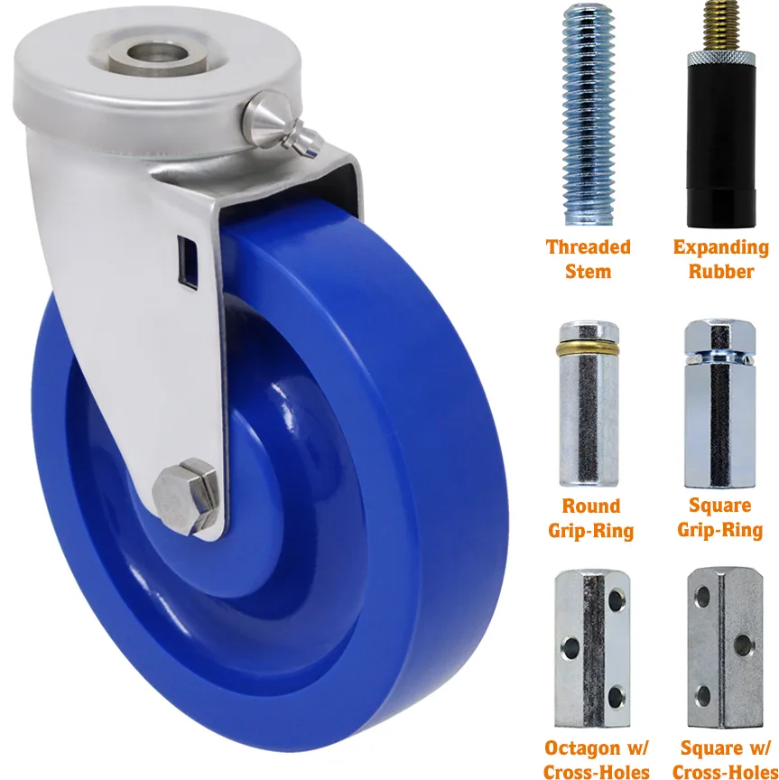 Blue caster wheel with various stem options including threaded, expanding rubber, and different grip-ring styles.
