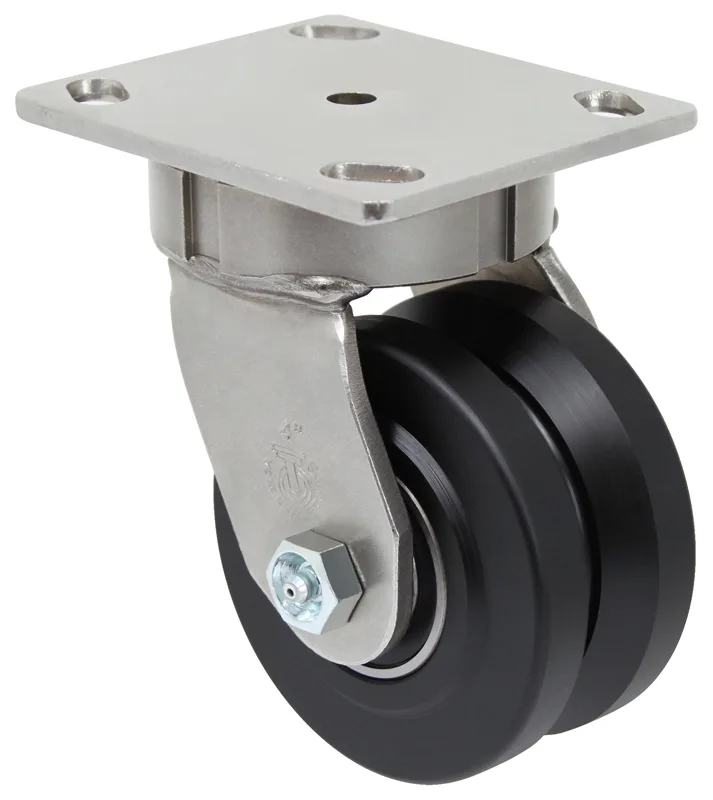 Heavy-duty swivel caster wheel with metal plate mount, designed for industrial equipment and smooth mobility.
