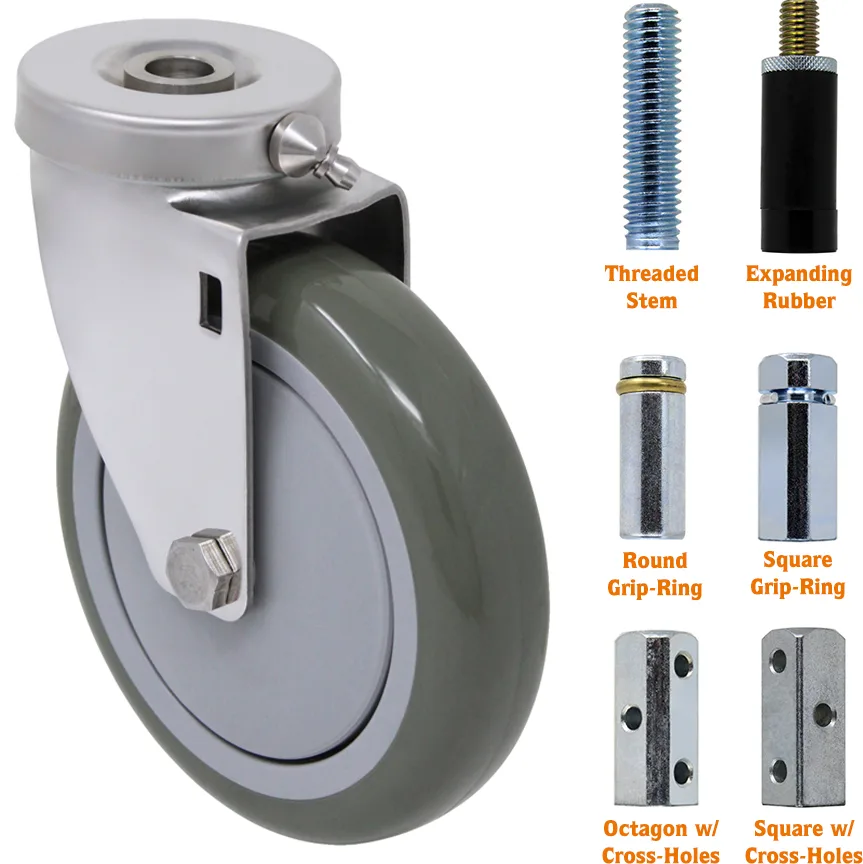 Heavy-duty caster wheel with various stem and grip options: threaded, expanding rubber, round, square, and octagon.