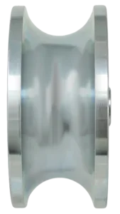 Silver metal pulley wheel, side view, with a smooth, shiny finish for industrial machinery.