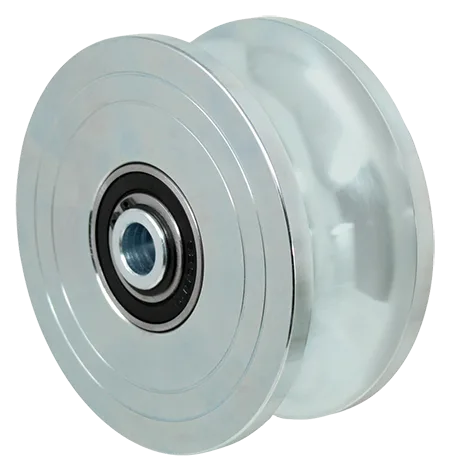 Metal wheel with bearings for conveyor systems, industrial component, shiny stainless steel, side view.