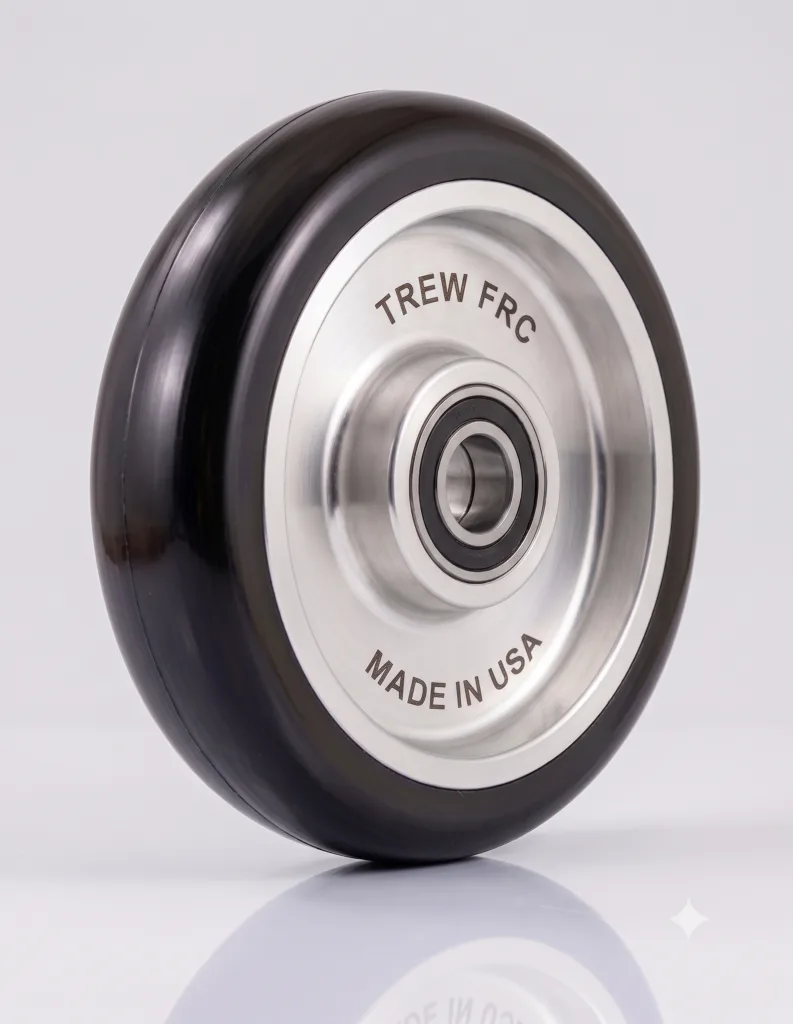 High-performance wheel with TREW FRC and Made in USA engraved, featuring a sleek black and silver design.