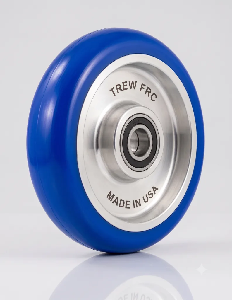 Blue polyurethane industrial caster wheel, metal core, labeled Trew FRC Made in USA, on reflective surface.
