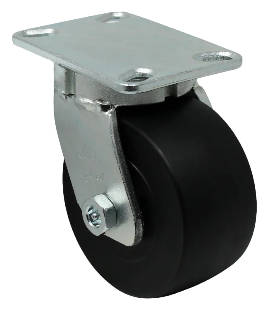 Heavy-duty swivel caster wheel with metal bracket for industrial applications.