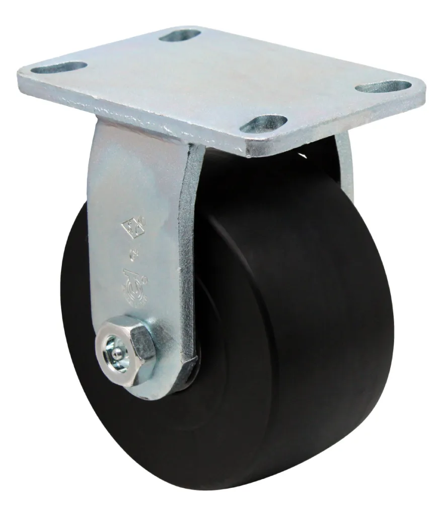 Heavy-duty swivel caster wheel with black rubber tire and metal mounting plate. Ideal for furniture and trolley mobility.